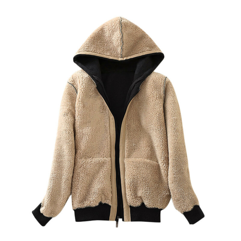 Trendy Sweatshirt Coat Front Pockets Warm Zipper Lamb Wool Jacket Thicken Plush Coats Winter Fleece Lined Cardigan Hoodie Coats