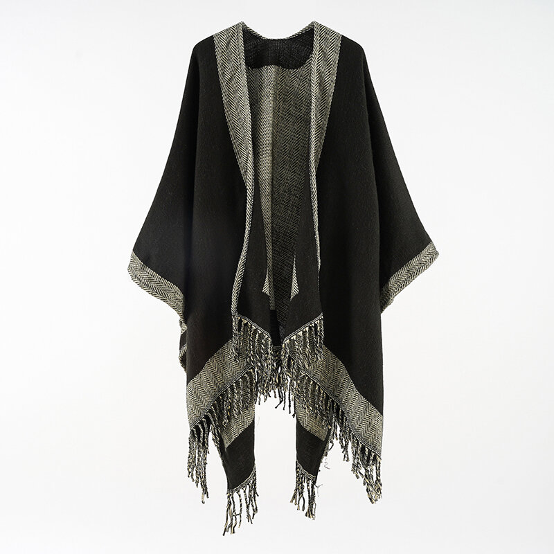 Ponco jubah rajut wanita, kardigan rumbai mantel perjalanan longgar Vintage