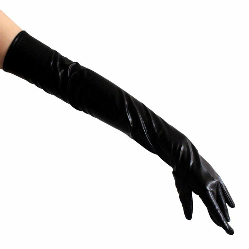 Gants longs en cuir optique, taille unique, noir-noir