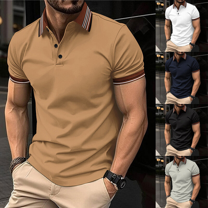 Camiseta confortável regular de poliéster masculina, camiseta listrada, tops, botões, gola casual, músculo confortável, escritório, tops