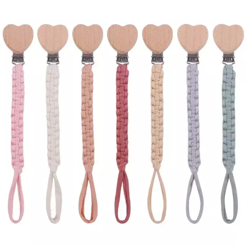Hand Braided Infant Toddler Dummy Pacifier Chains Handmade Wooden Pacifier Soother Nipple Clips Baby Cotton Cloth Holder Chain