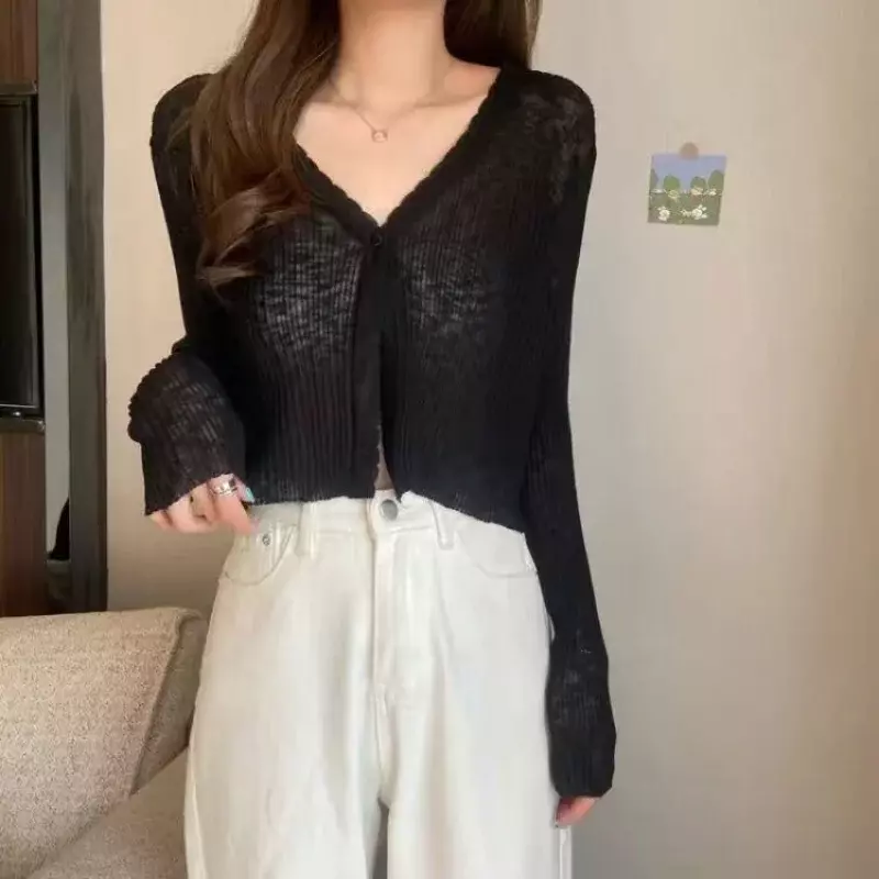 Cardigan Women Thin Casual Solid Simple Sun-proof Summer Popular Crops Female Single Breasted Korean Loose Knitted Ins Clothing