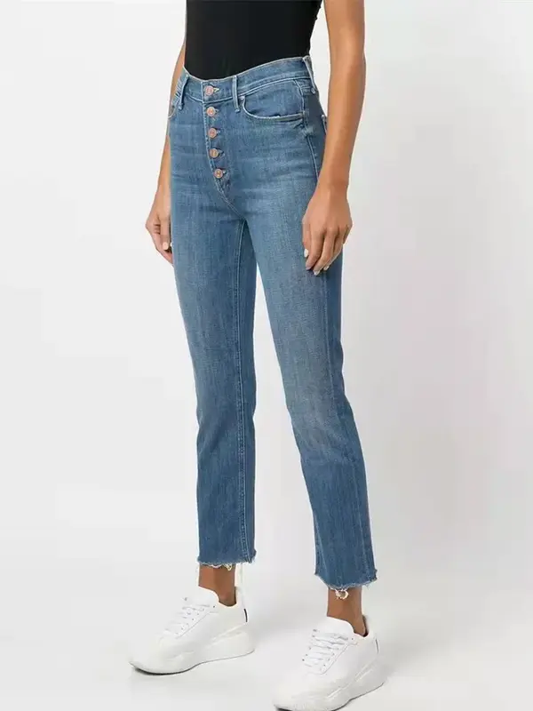 Women Jeans Single Breasted High Waist Micro-Stretch Slim Fit Casual All-Match Denim Ankle-length Pants