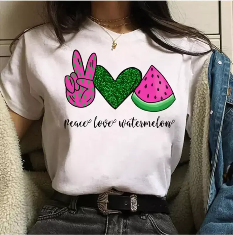 Camiseta de manga curta feminina verão, coração dos desenhos animados, série amor paz, pintada à mão, estampa amor paz, camiseta harajuku