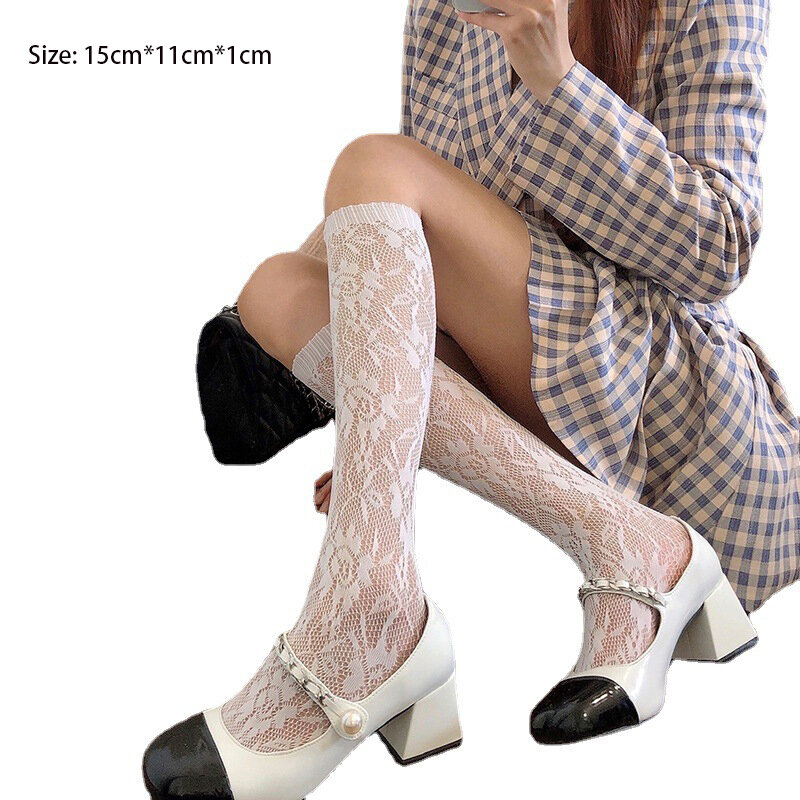 Lattice Calf Socks Lolita Socks Breathable Calf Socks Rose Print Calf Socks Calf Stockings Japanese Calf Socks