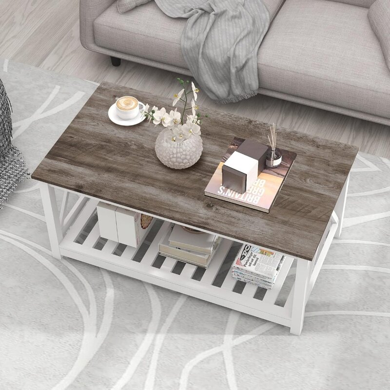 2-Ярусный прямоугольный деревянный коктейльный столик с реечками, полка для хранения и V-образная рама, Дубовая серая мебель для кофе и кафе