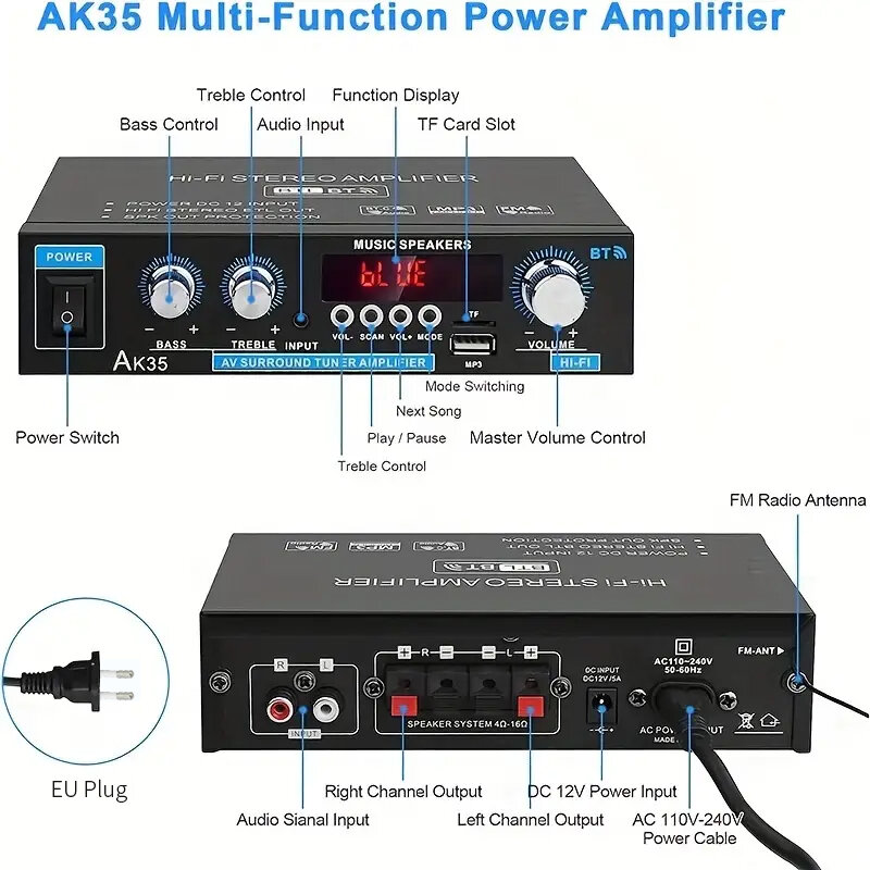 Amplificador de áudio de potência digital sem fio, AK-35 BT, 800W, RMS 30W, Max 2.0 Channel, Receptor estéreo, Casa
