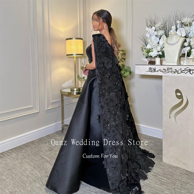 Qanz schwarz lange A-Linie Abendkleider Neck holder Cape Blumen Kristalle Ballkleider Saudi-Arabisch Vintage Satin Ballkleider