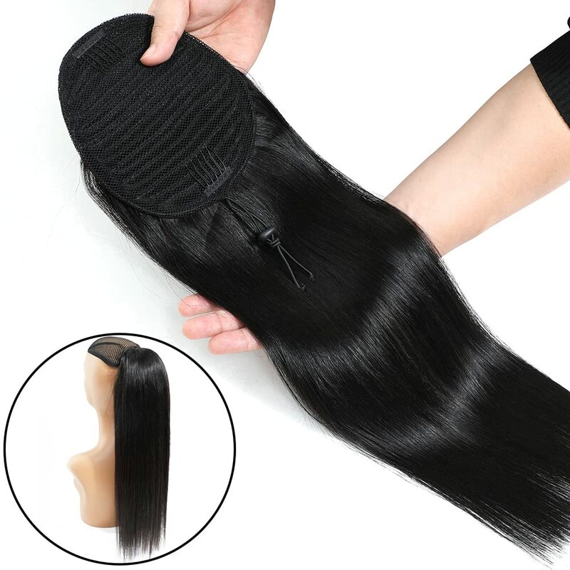 26 Inch Straight Ponytail Clip In Human Hair Extension Natural Black Color Drawstring Ponytail Clip In Straight Human Hair Woman