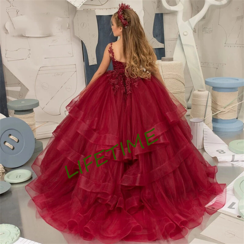 Czerwony fartuch tiulowy bufiasty dziewczęca sukienka w kwiaty cekinowa koronka warstwowa bez rękawów na ślub formalna suknia komunia święta suknie urodzinowe