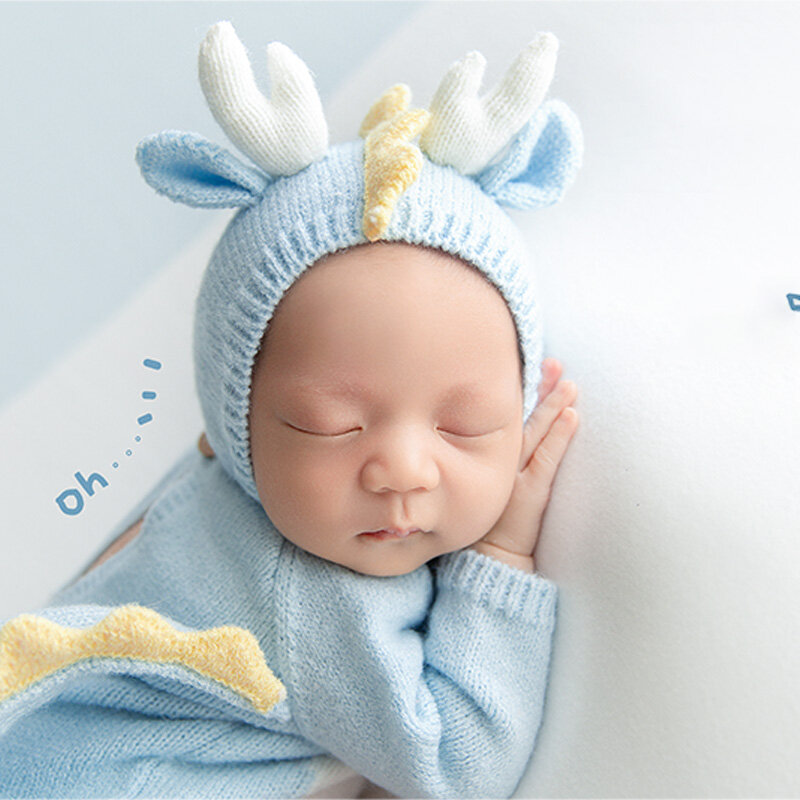 Newborn Photography Outfit Blue Knitted Long Sleeve Jumpsuit Crochet Dragon Doll Backdrop Sunflower Set Infant Photography Props