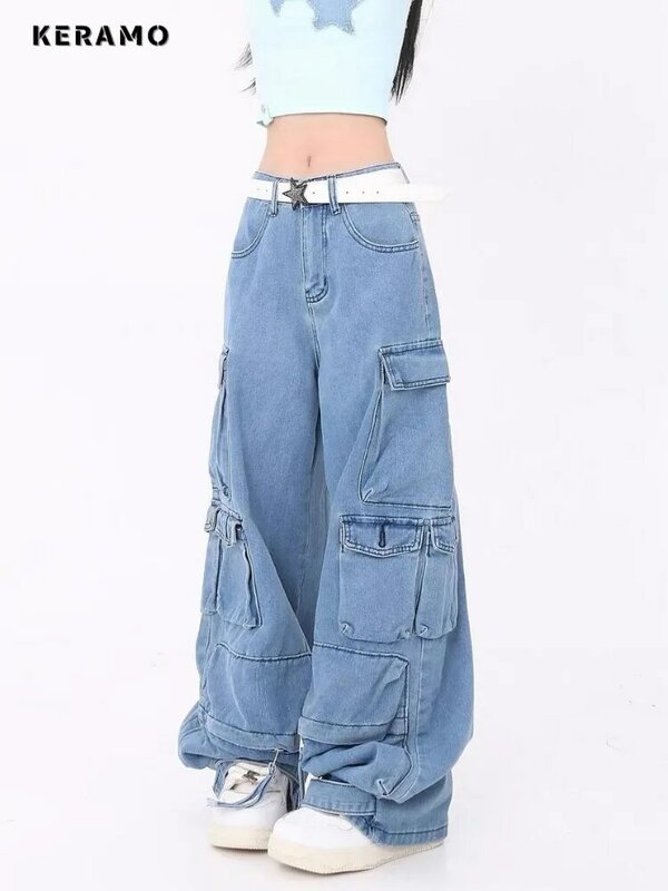 กางเกงยีนส์ขาตรงเอวสูงสไตล์อเมริกันวินเทจกางเกงลำลองสีฟ้า2000s ทรงหลวมขากว้างมีกระเป๋ากางเกงยีนส์