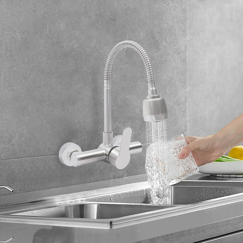 Wall Mount Faucet Single Handle Faucet with Sprayer Hot & Cold Mixer Tap Stainless Steel Bar Tap for Kitchen Bathroom