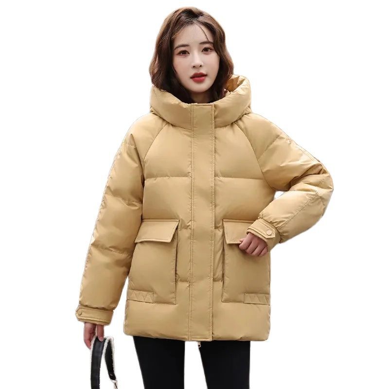 Zimowa bawełniana kurtka damska nowy luźny stójka płaszcz z kapturem moda czysta kolorowa odzież wierzchnia pogrubiona Parka płaszcz damski