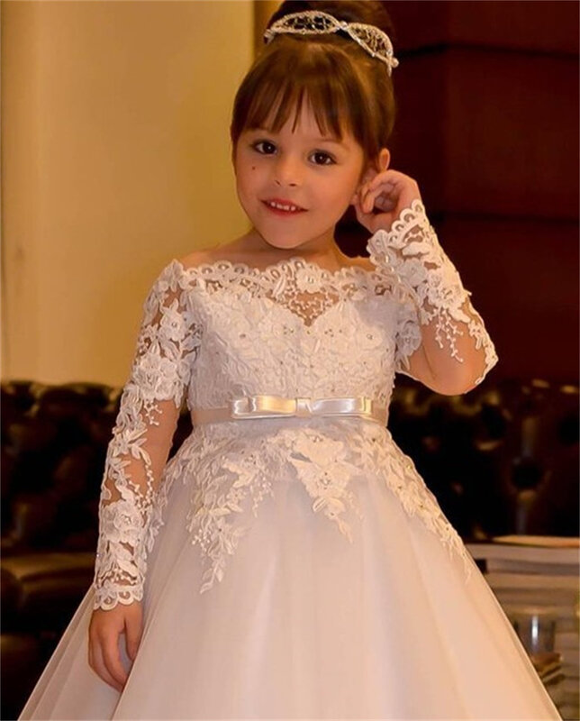 White Elegant Flower Girl Dress For Wedding Applique V Back Lace Long Sleeve Silver Bow Birthday Party First Communion Ball Gown