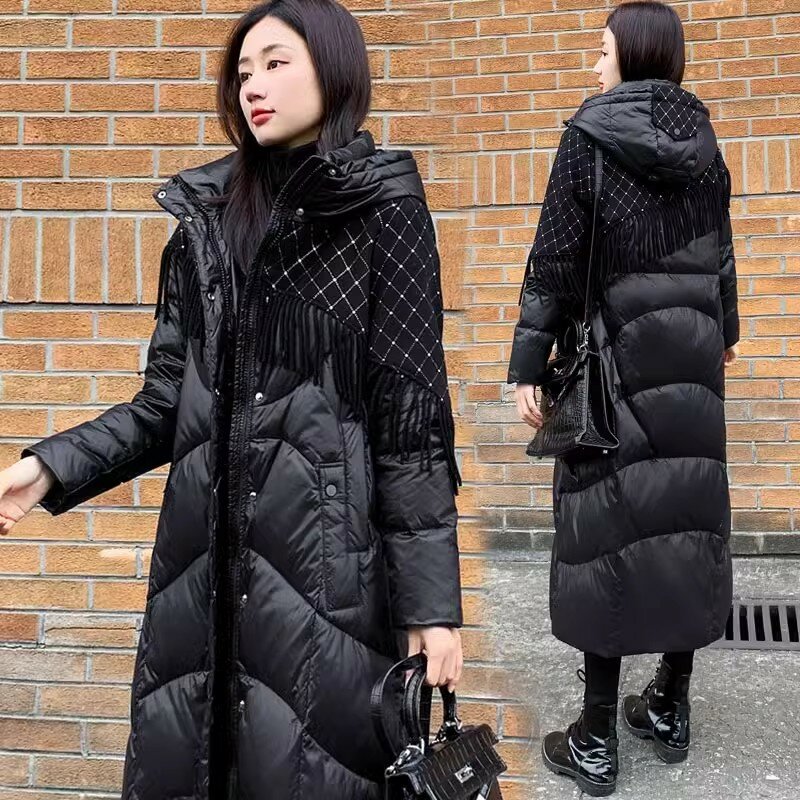 2024 여성용 롱 따뜻한 패딩 파카, 시크한 격자 무늬 태슬 스플라이스 다운 재킷, 블랙 후드 다운 오버코트, 겨울 신상