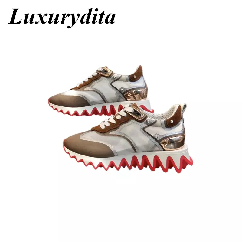 LUXURYDITA Дизайнерские мужские повседневные кроссовки из натуральной кожи с красной подошвой роскошные женские теннисные туфли 35-47 модные Лоферы унисекс HJ554
