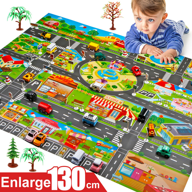 Traffic Highway Map Play Mat City Scene Building Construction Tapete Infantil Polyster Paper Educational Cognition Learn Outdoor