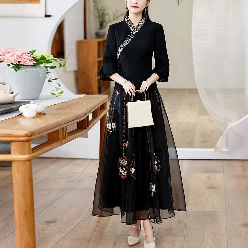 Faldas de estilo chino Vintage para mujer, faldas de línea A de longitud media, cintura elástica bordada, temperamento elegante y versátil, nuevo verano