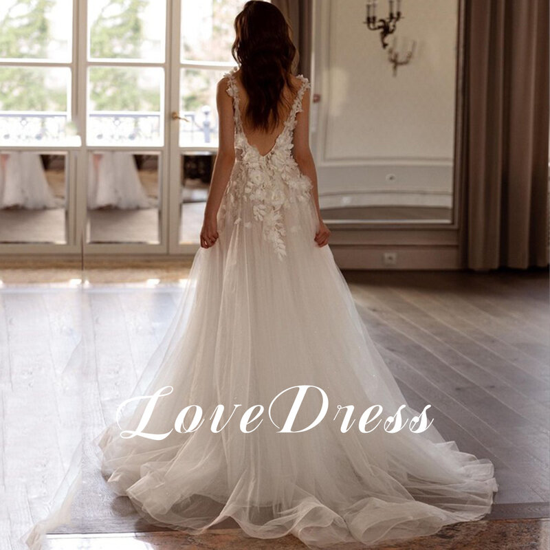 Платье свадебное с глубоким V-образным вырезом, с Боковым Разрезом, кружевная пляжная аппликация 3D, на бретелях-спагетти, с открытой спиной, со шлейфом, в стиле бохо