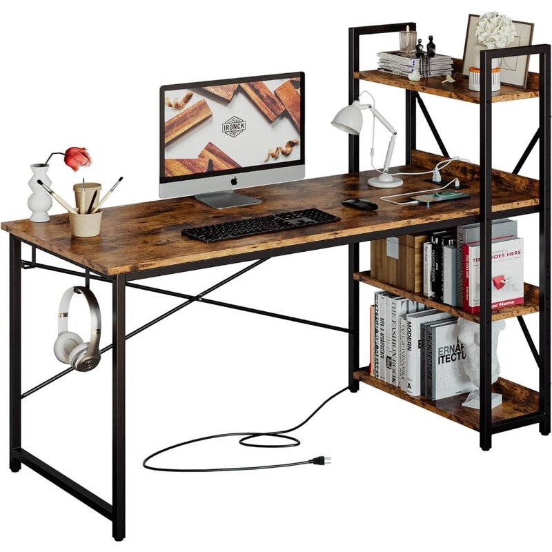 IRONCK Computer Desk 55" with Power Outlet & Storage Shelves, Study Writing Table with USB Ports Charging Station