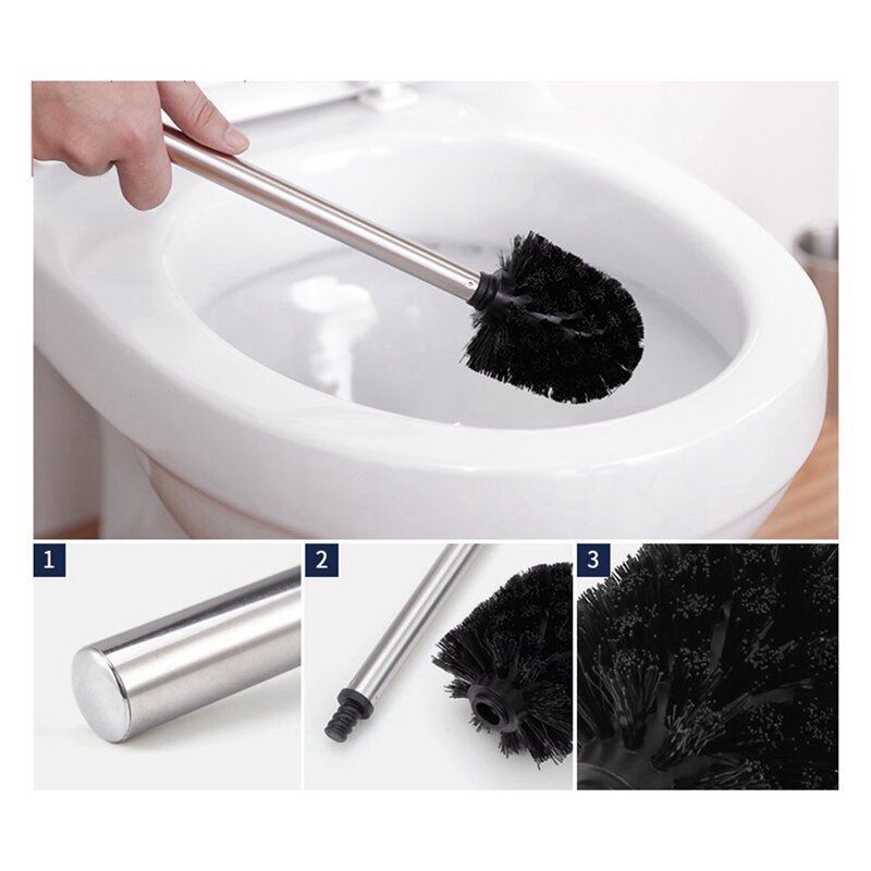 Set Of 4 Stainless Steel Toilet Brush Stainless Steel Handle With Interchangeable Head, Black