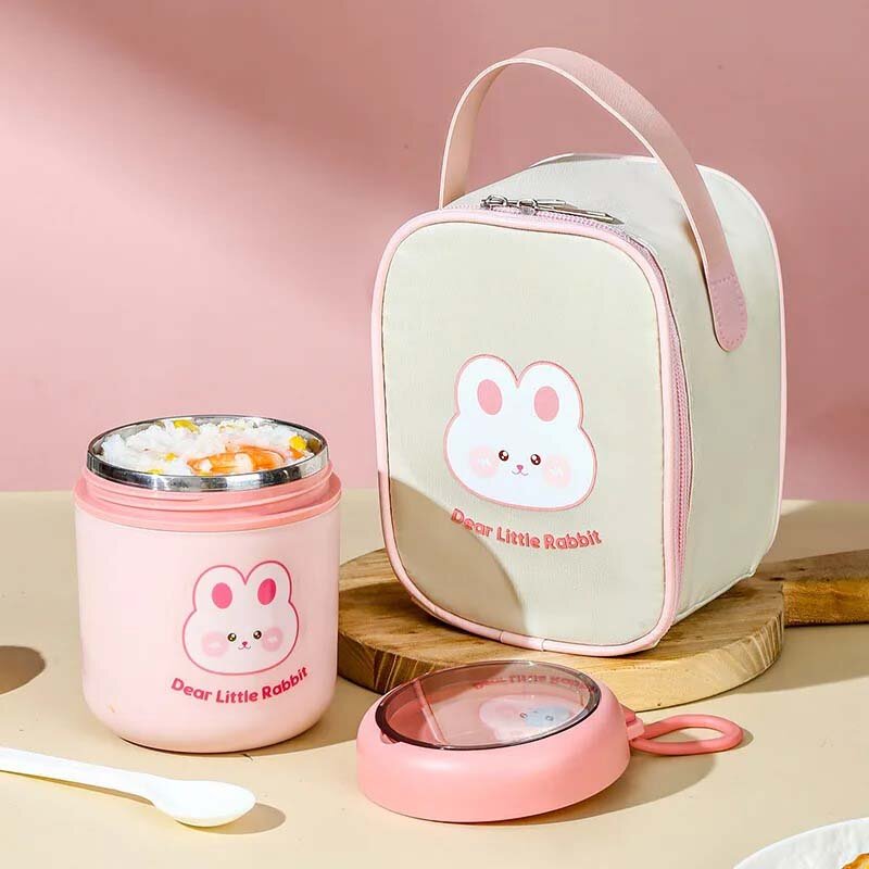 Cute insulated breakfast food can and cup, portable stainless steel soup can with lid and spoon, perfect lunch box soup cup