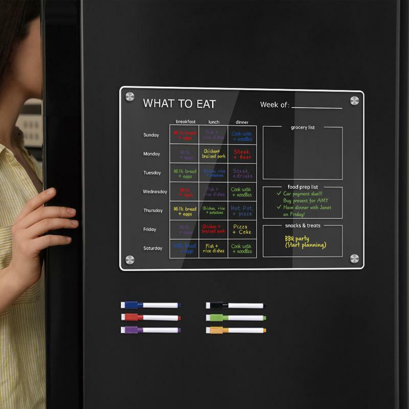 Clear Acrylic Meal Planning Board para geladeira, calendário de refeições, 6 canetas coloridas, planejador de refeições apagáveis, lista de mercearia