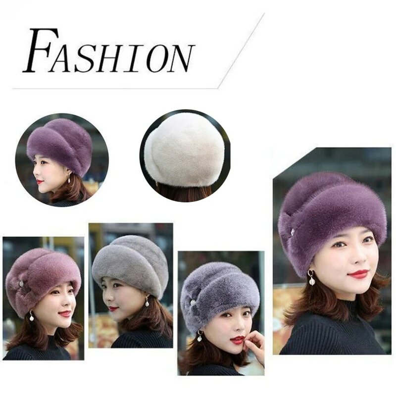 Boné de vison fofo russo para mulheres de meia idade, chapéu espesso, tampa térmica para exterior, manter aquecido, sólido, outono, inverno, russo