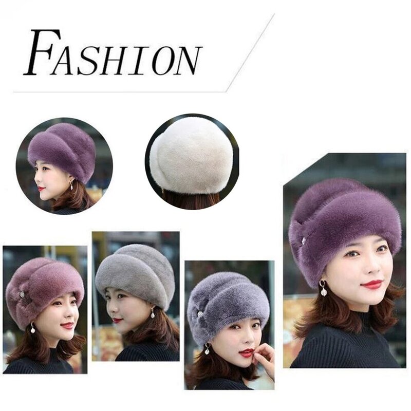 Winter Hat Russian Fluffy Mink Decor Thickened Luxury Keep Warm Solid Autumn Winter Thermal Middle-aged Women Cap Outdoor