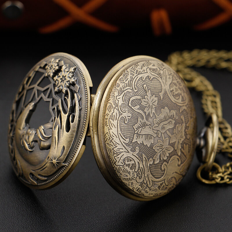 Relógio de bolso de quartzo para colar unissex clássico e popular, contos de fadas, cavalo princesa branco, emblema, pingente oco, presente infantil
