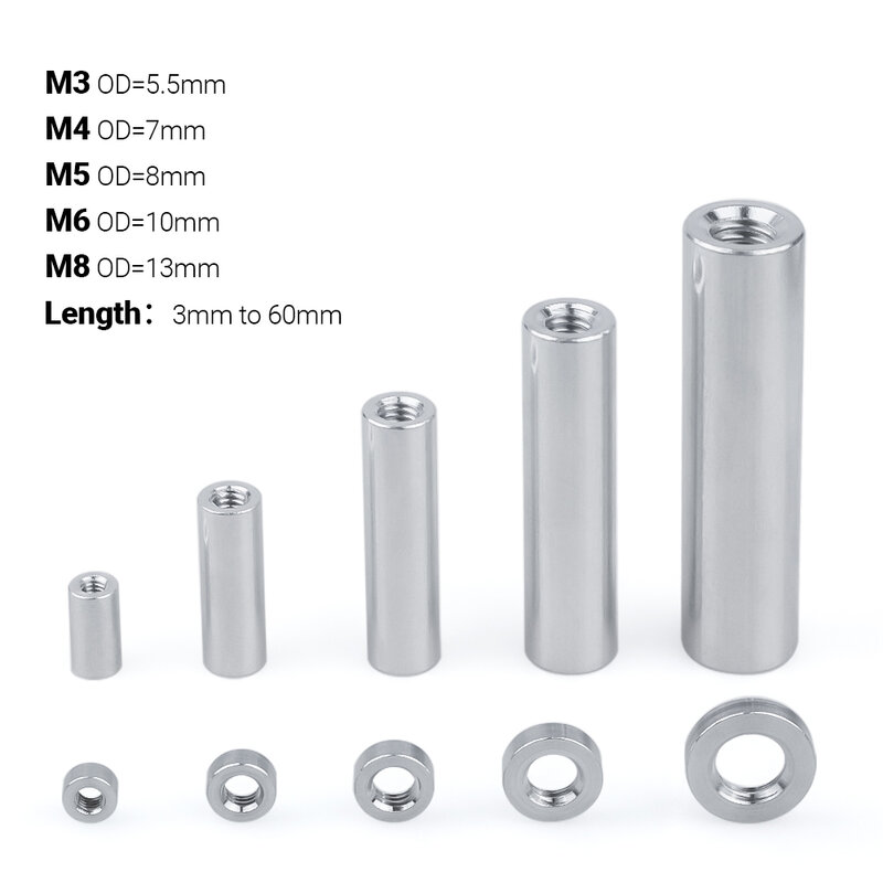 Espaciadores redondos roscados de aluminio, arandela plana, junta de buje, manguito espaciador, separadores, M3, M4, M5, M8, 10 unidades por lote