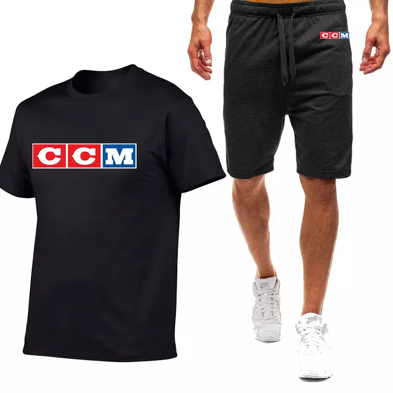 CCM 남성용 핫 코튼 프린트 운동복, 통기성 반팔 티셔츠, 상의 및 반바지, 캐주얼 의류, 2 피스 수트, 여름 신상