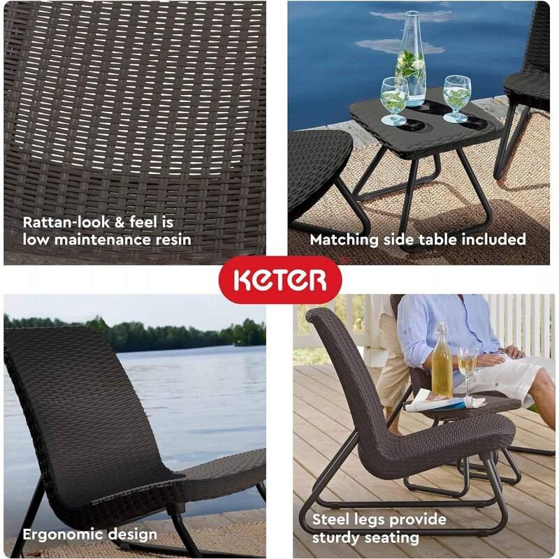 Keter Rio 3 piece resin wicker patio furniture set with side table and outdoor chairs, Brown