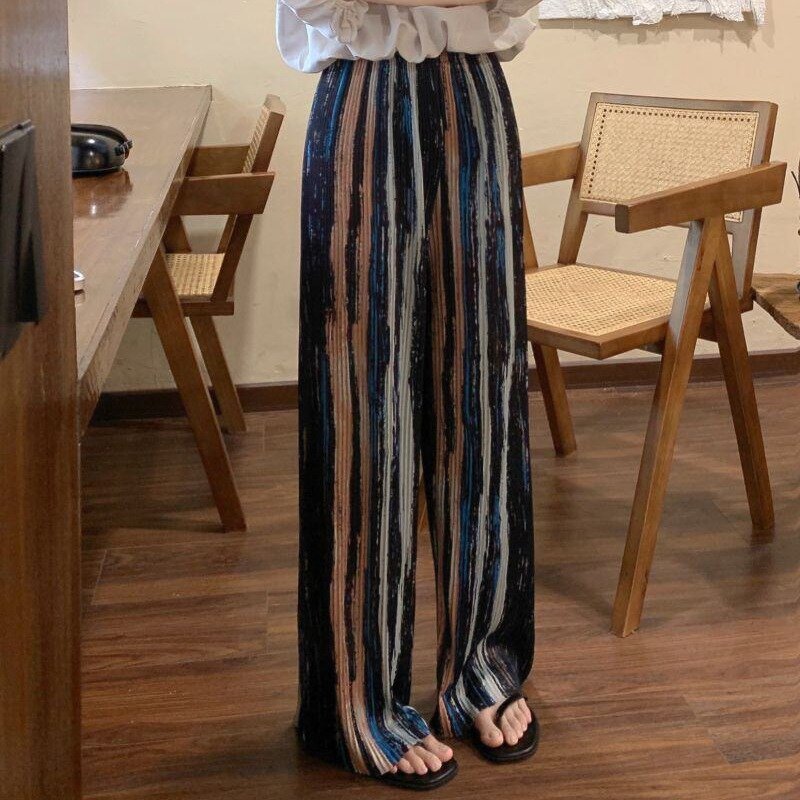 2024 Summer Sweet Striped Ruched Women's Thin Elasticized High-waisted Straight Tie Dye Casual Loose Wide Leg Floor Length Pants