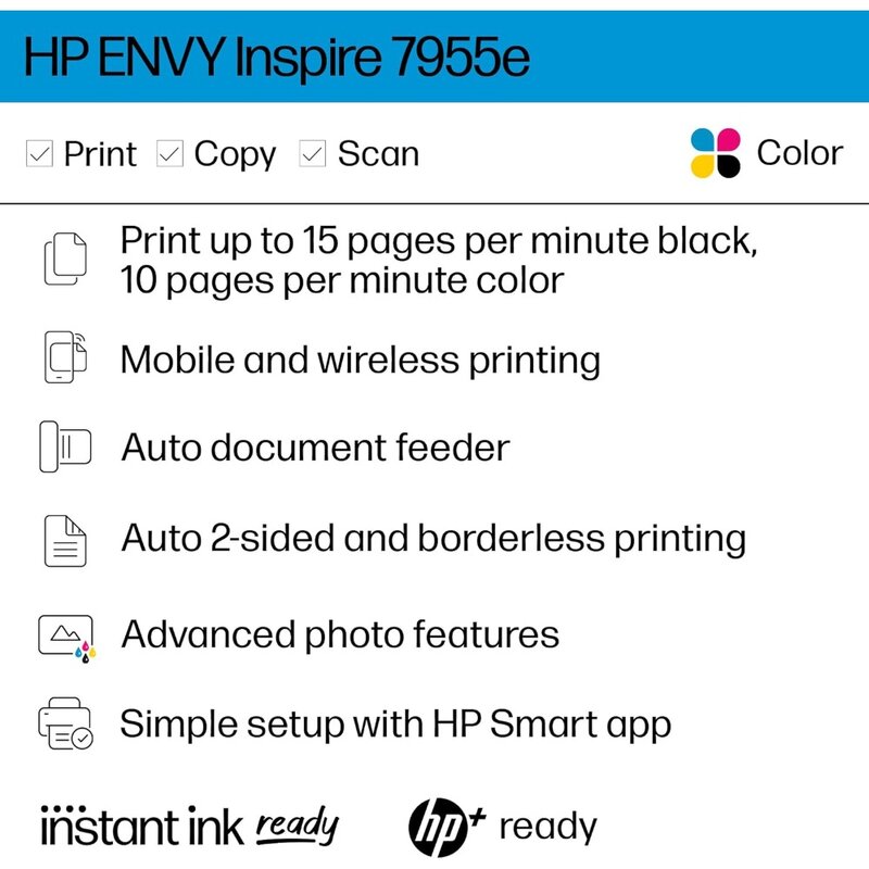 ENVY Inspire 7955e-Imprimante à jet d'encre sans fil, impression mobile, balayage, copie, installation facile, encre instantanée, idéale pour la maison