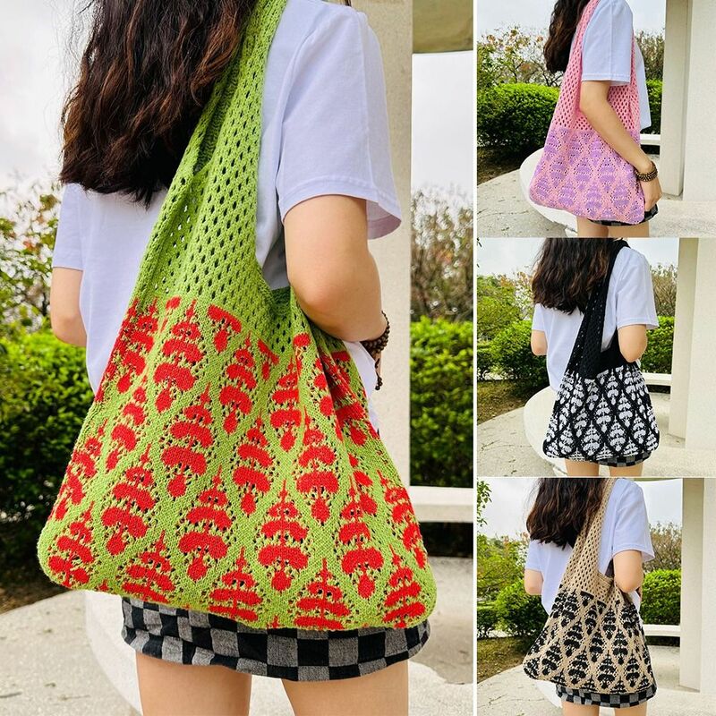 Knitted Shoulder Bag Fashion Hollow Large Capacity Tote Bag Underarm Bag Woman Girls