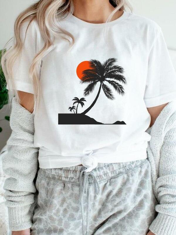 Camiseta de manga corta con estampado de dibujos animados para mujer, playera con estampado de acuarela para playa, ropa de moda gráfica