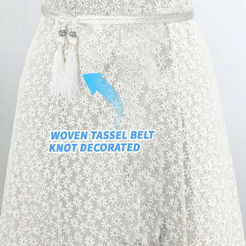 Cinto tecido branco com cadeia de cintura decorada, corda, atado