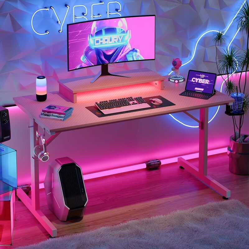 Meja Gaming kecil dengan dudukan Monitor, meja komputer LED 42 inci, stasiun kerja Gamer dengan pemegang cangkir & kait Headset