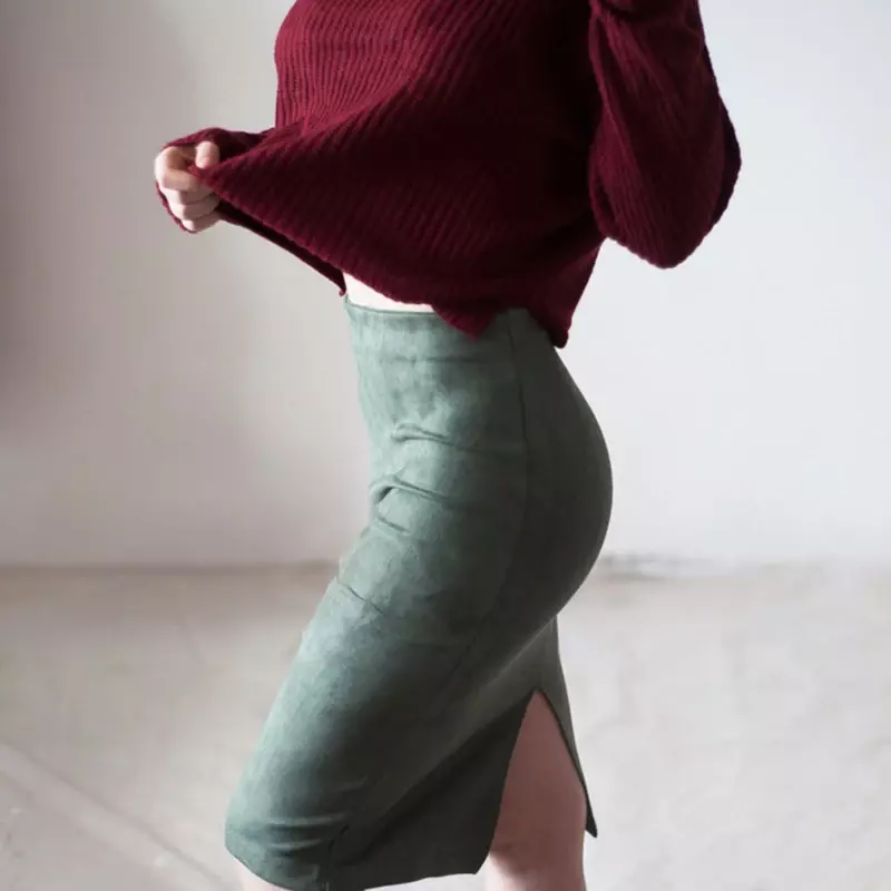 Женская замшевая юбка, Корейская версия, однотонная облегающая юбка с высокой талией и разрезом на бедрах, яркая белая короткая юбка с воротником