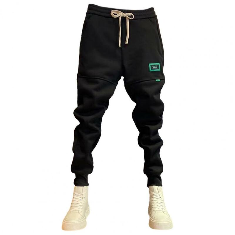 Men Solid Color Pants Men's Thick Plush Winter Pants with Drawstring Waist Ankle-banded Pockets Patchwork Badge for Fall/winter
