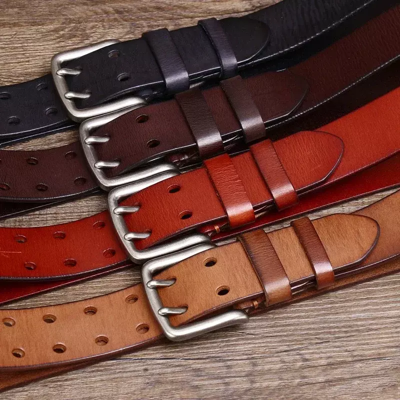 3.8cm Width Designer Belts for Men Male Gift Mens Cowskin Genuine Leather Belt Vintage Jeans Belt Strap Double Pin Buckle 2024