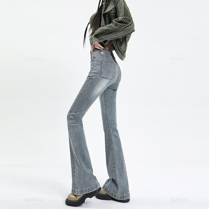 Flared กางเกงยีนส์ผู้หญิงวินเทจสูงเอวผู้หญิง Slim ยืดกางเกงยีนส์แน่นกางเกงเกาหลีสไตล์ Street Casual กางเกงความยาว