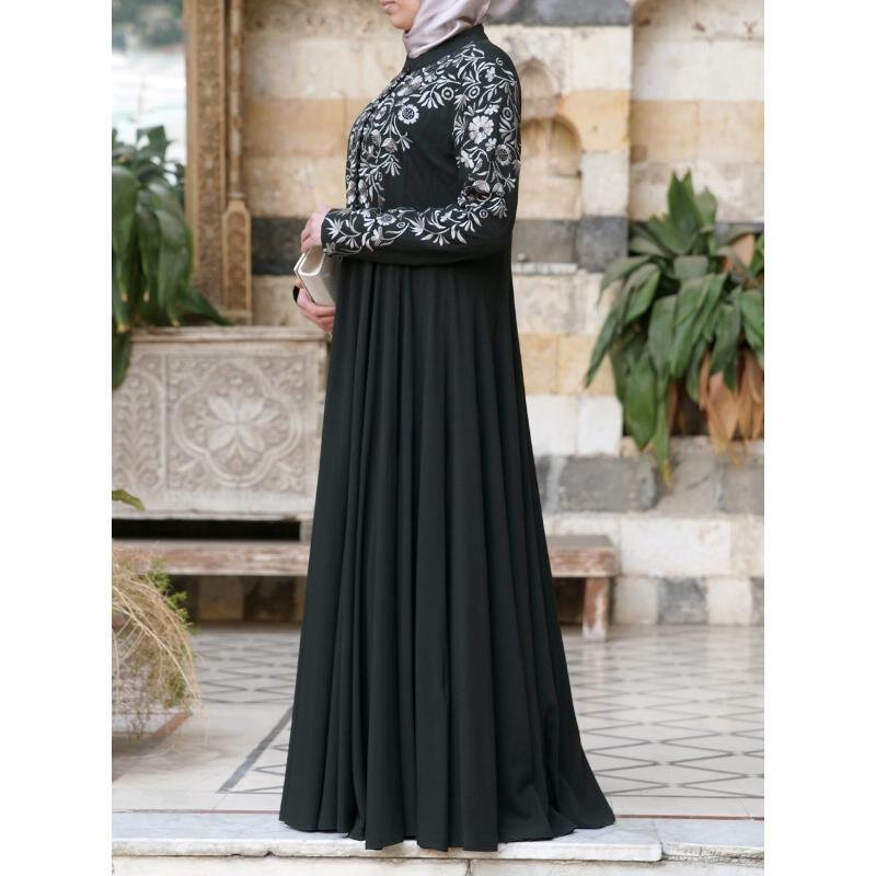 Vestido de manga comprida para mulher muçulmana, flor, árabe, roupa casual islâmica