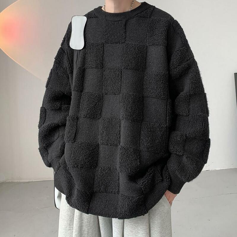 Suéter monocromático com gola redonda masculino, patchwork, casual, quente, inverno, outono, Harajuku, retrô