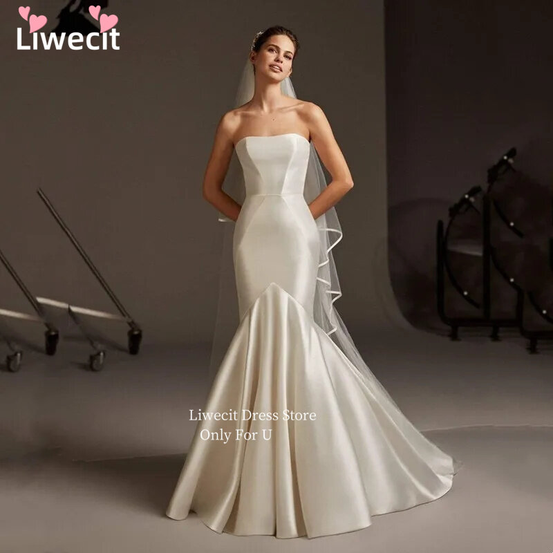 Liwecit-vestidos De novia de sirena De satén sin tirantes, sin mangas, con botones en la espalda, vestido de novia