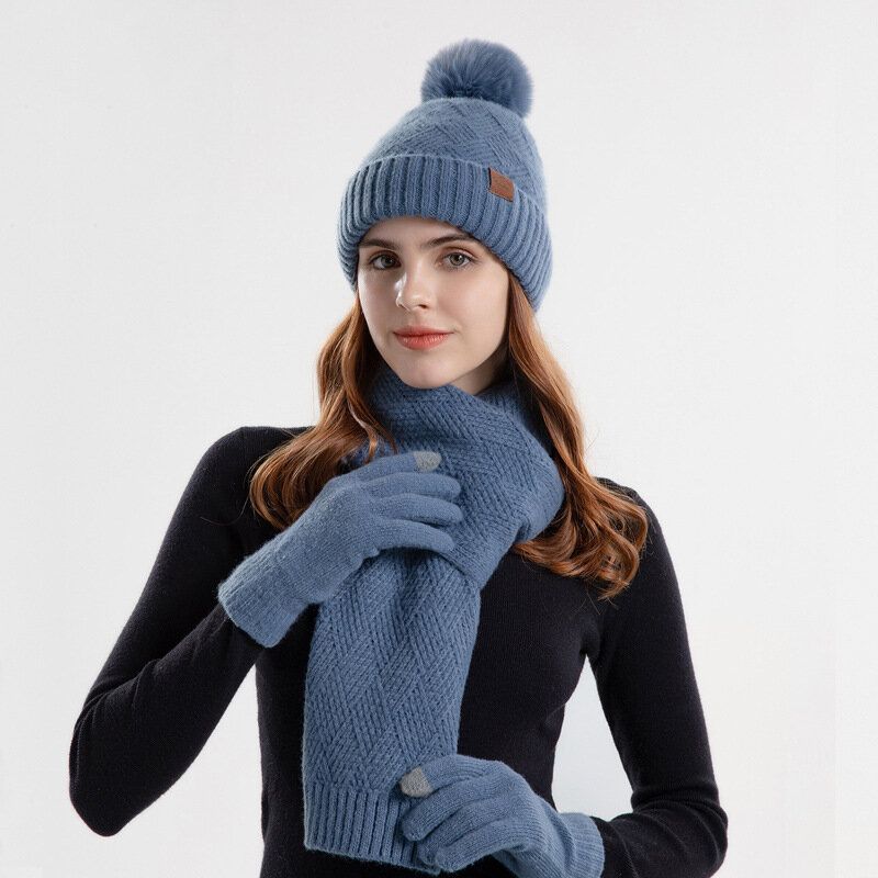 Женский зимний теплый комплект, флисовая подкладка, облегающая шапка, перчатки с пальцами, утепленный шарф, Рождественская вязаная шапка-глушитель, оптовая продажа