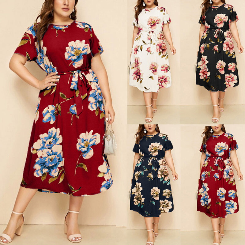 EDressU 뉴 플러스 사이즈 여성 프린트 Mid-Calf Length 봄 여름 드레스 Floral O 넥 벨트 반소매 캐주얼 데일리웨어 KYM-803