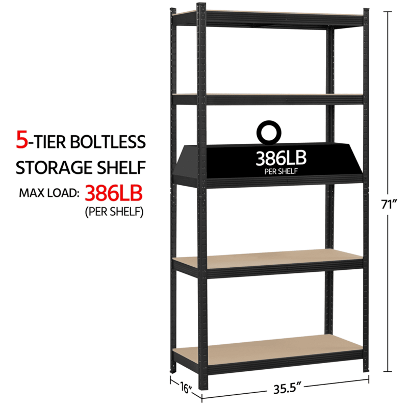 Unidad de estante de almacenamiento de acero ajustable y sin bolsa, estante moderno de 5 estantes, sostiene hasta 386 lb por estante, 35,5x16x71 pulgadas